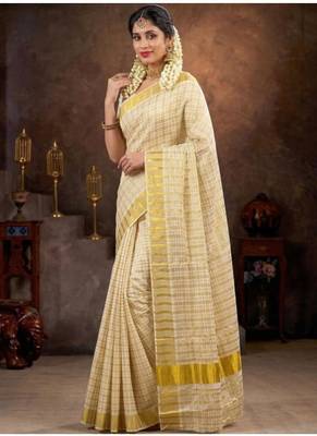 golden check design cotton traditional kerala saree 3