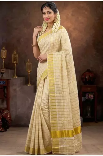 Traditional kerala check design golden kasavu cotton blouse sarees