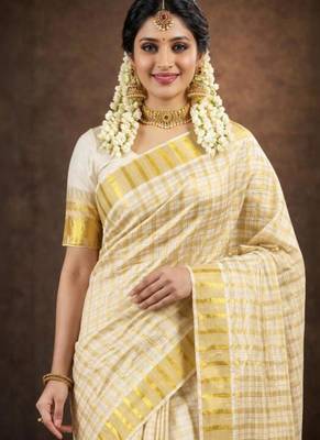 golden check design cotton traditional kerala saree 4