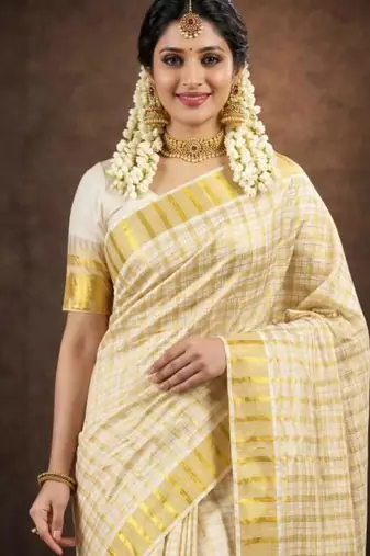 Traditional kerala check design golden kasavu cotton blouse sarees