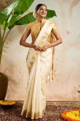 Woven design zari pure cotton kasavu saree
