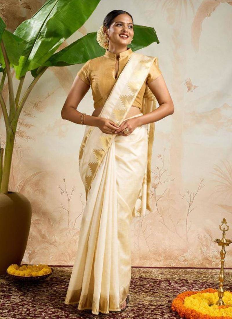 Woven design zari pure cotton kasavu saree