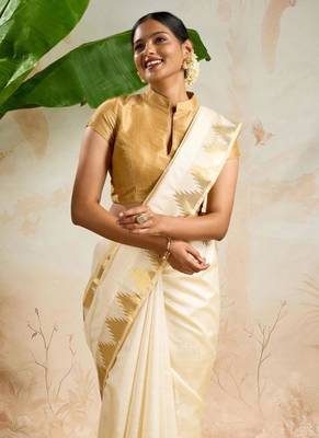 off white pure cotton kasavu saree with woven zari work 2