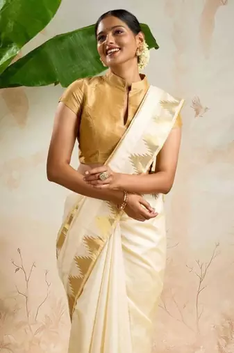 Woven design zari pure cotton kasavu saree
