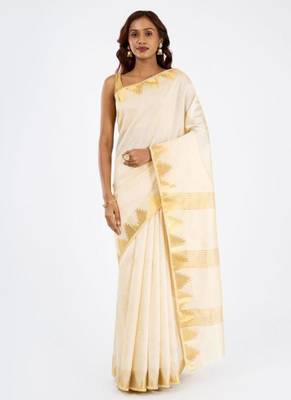 off white pure cotton kasavu saree with woven zari work 4