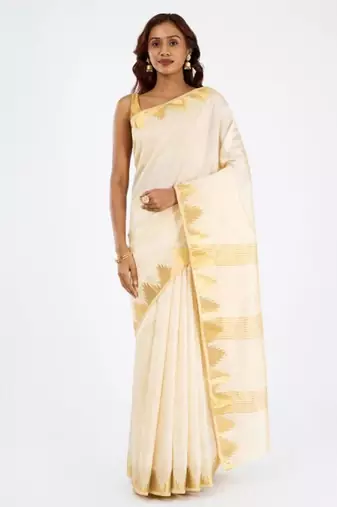 Woven design zari pure cotton kasavu saree