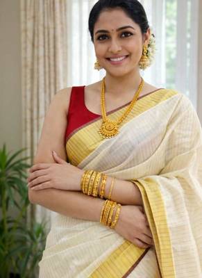 off white golden border pure cotton kasavu saree 3
