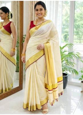 off white golden border pure cotton kasavu saree 4