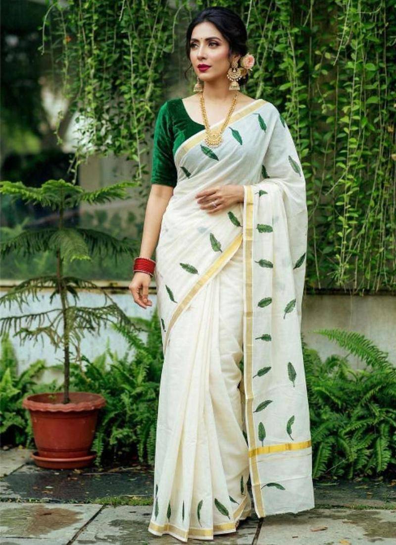 Ethnic motifs pure cotton kasavu saree
