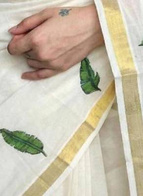 off white green leaf motif pure cotton kasavu saree 2