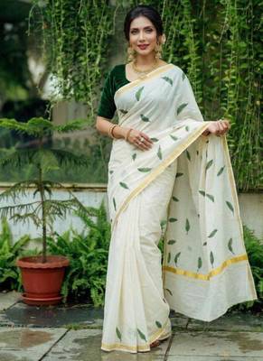 off white green leaf motif pure cotton kasavu saree 3
