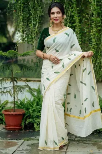 Ethnic motifs pure cotton kasavu saree