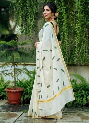 off white green leaf motif pure cotton kasavu saree 4