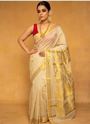 cream zari woven tissue kasavu saree with gold border design work 2