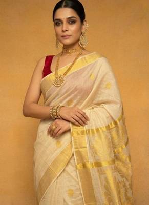 cream zari woven tissue kasavu saree with gold border design work 3