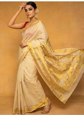 cream zari woven tissue kasavu saree with gold border design work 4