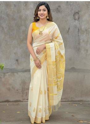 off white paisley zari tissue kasavu saree 1