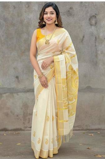 Ethnic motifs zari silk cotton kasavu saree