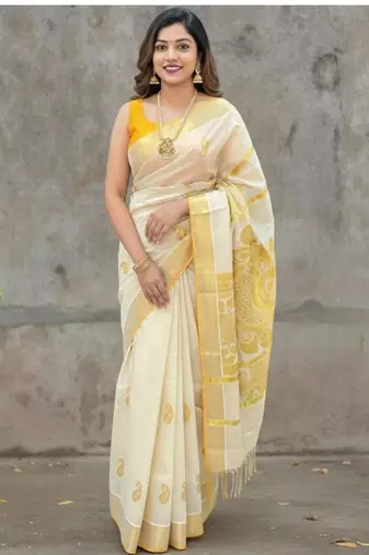 Ethnic motifs zari silk cotton kasavu saree