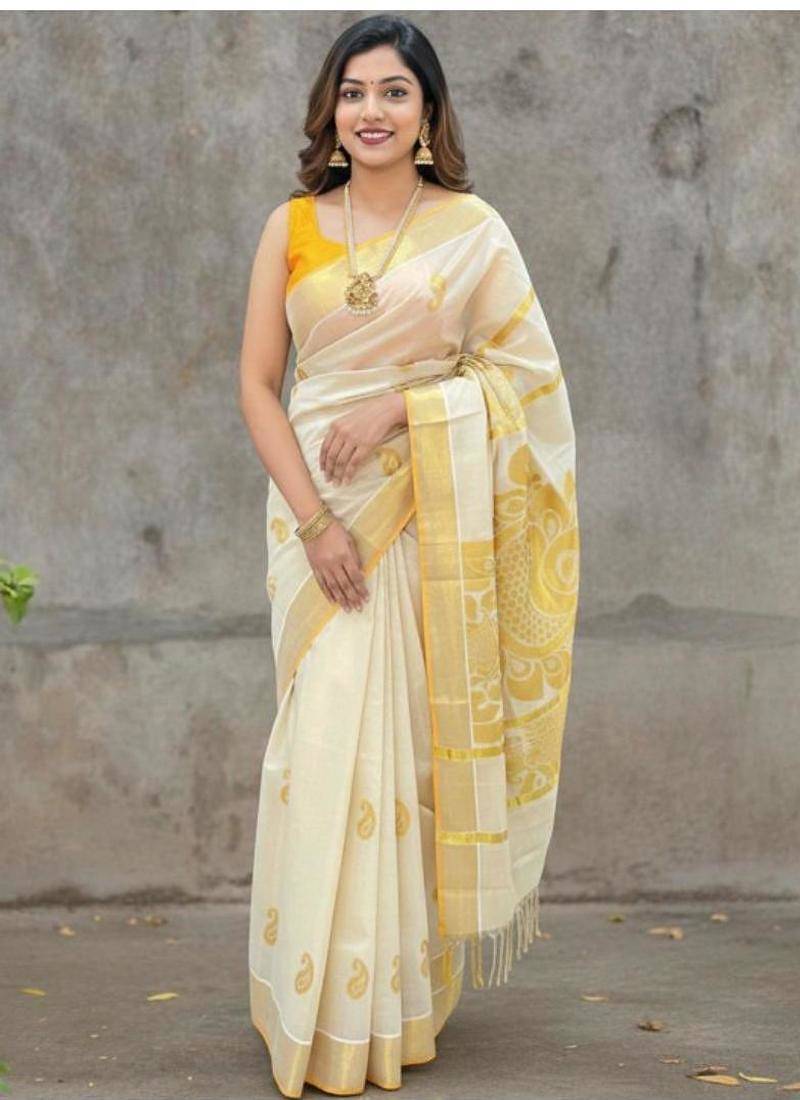 Ethnic motifs zari silk cotton kasavu saree