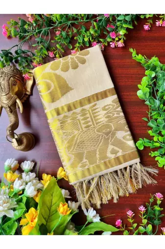 Ethnic motifs zari silk cotton kasavu saree