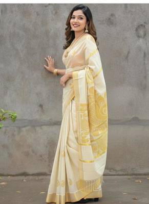 off white paisley zari tissue kasavu saree 4
