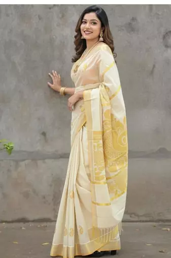 Ethnic motifs zari silk cotton kasavu saree