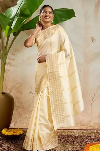 Varnitha geometric woven design zari pure cotton kasavu saree