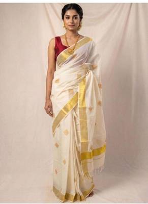 off white kasavu cotton kasavu saree with golden border 1