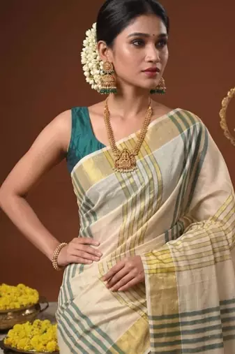 Striped zari tissue designer kasavu saree