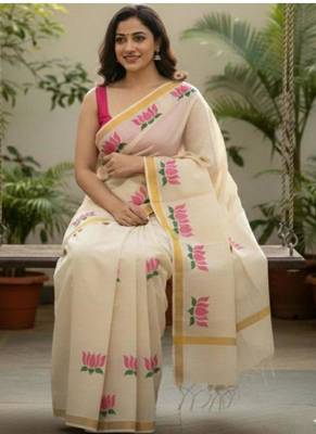 white floral pure cotton kasavu saree 1