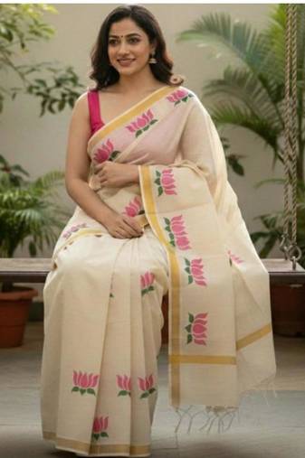 white floral pure cotton kasavu saree