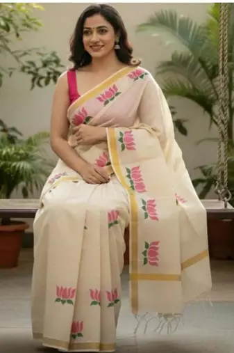 Floral pure cotton kasavu saree