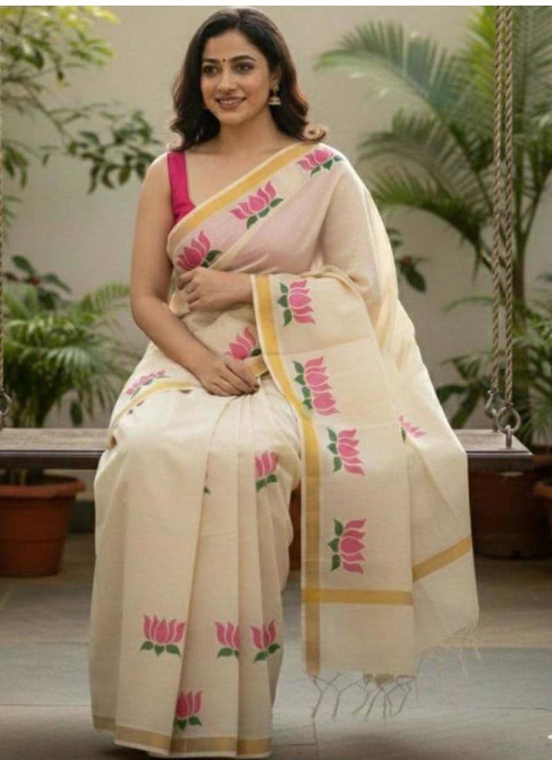 Floral pure cotton kasavu saree