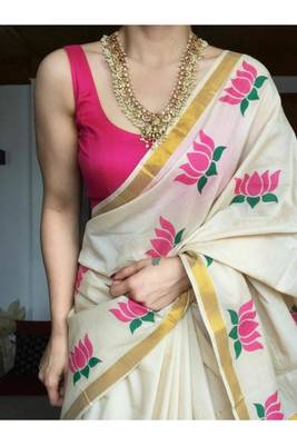 white floral pure cotton kasavu saree 2