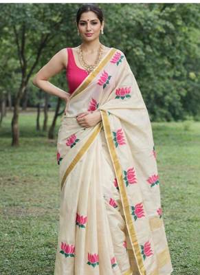 white floral pure cotton kasavu saree 3