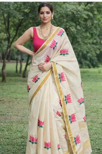 Floral pure cotton kasavu saree
