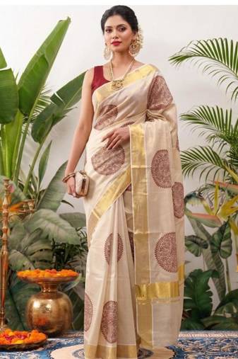 off white tissue kasavu saree with geometric motifs