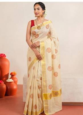 off white floral tissue designer kasavu saree 2