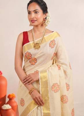 off white floral tissue designer kasavu saree 3