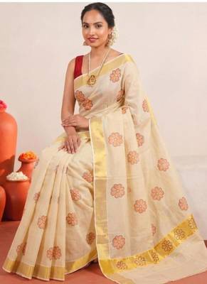 off white floral tissue designer kasavu saree 4