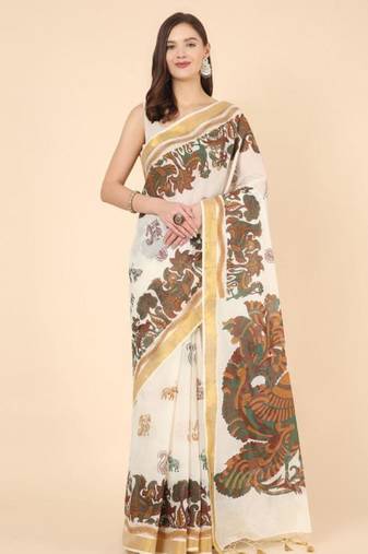 cream pure cotton kasavu saree with ethnic motif print