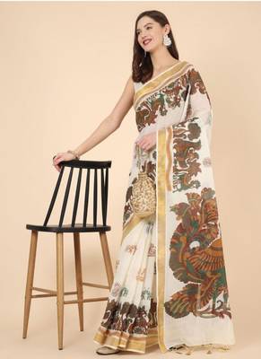 cream pure cotton kasavu saree with ethnic motif print 2
