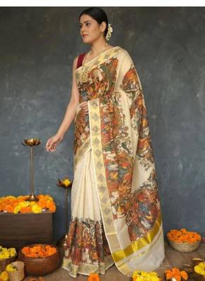 off white tissue kasavu saree with mythological print 1
