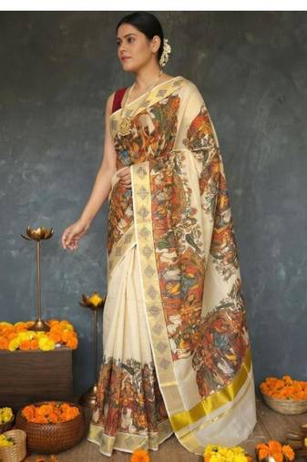 off white tissue kasavu saree with mythological print