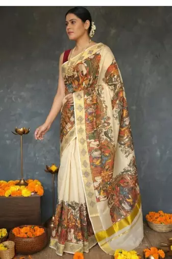 Ethnic motifs pure cotton handloom kasavu saree