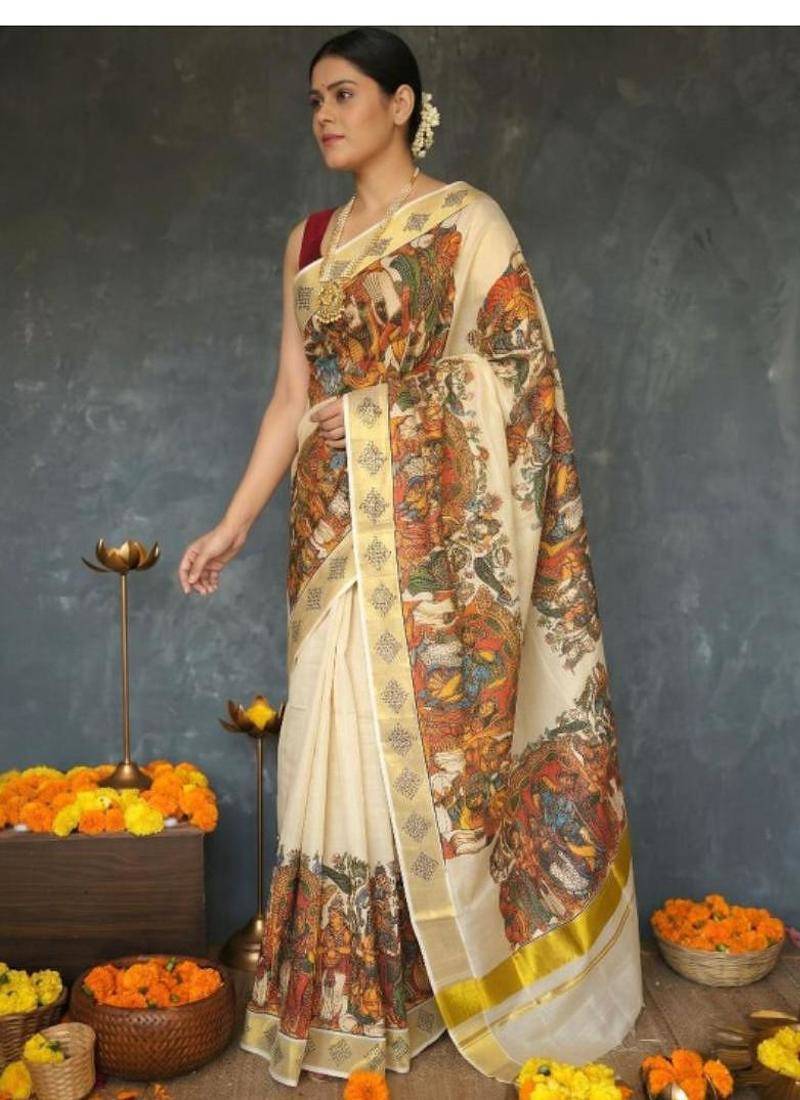 Ethnic motifs pure cotton handloom kasavu saree