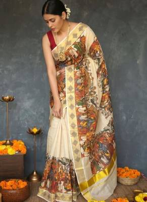 off white tissue kasavu saree with mythological print 3