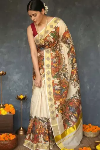Ethnic motifs pure cotton handloom kasavu saree