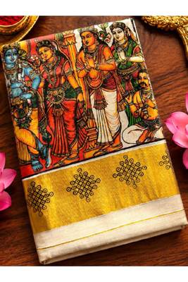 off white tissue kasavu saree with mythological print 4